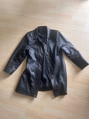 Women's Black Leather Button-Front Coat